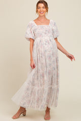 Ivory Floral Mesh Overlay Maternity Maxi Dress