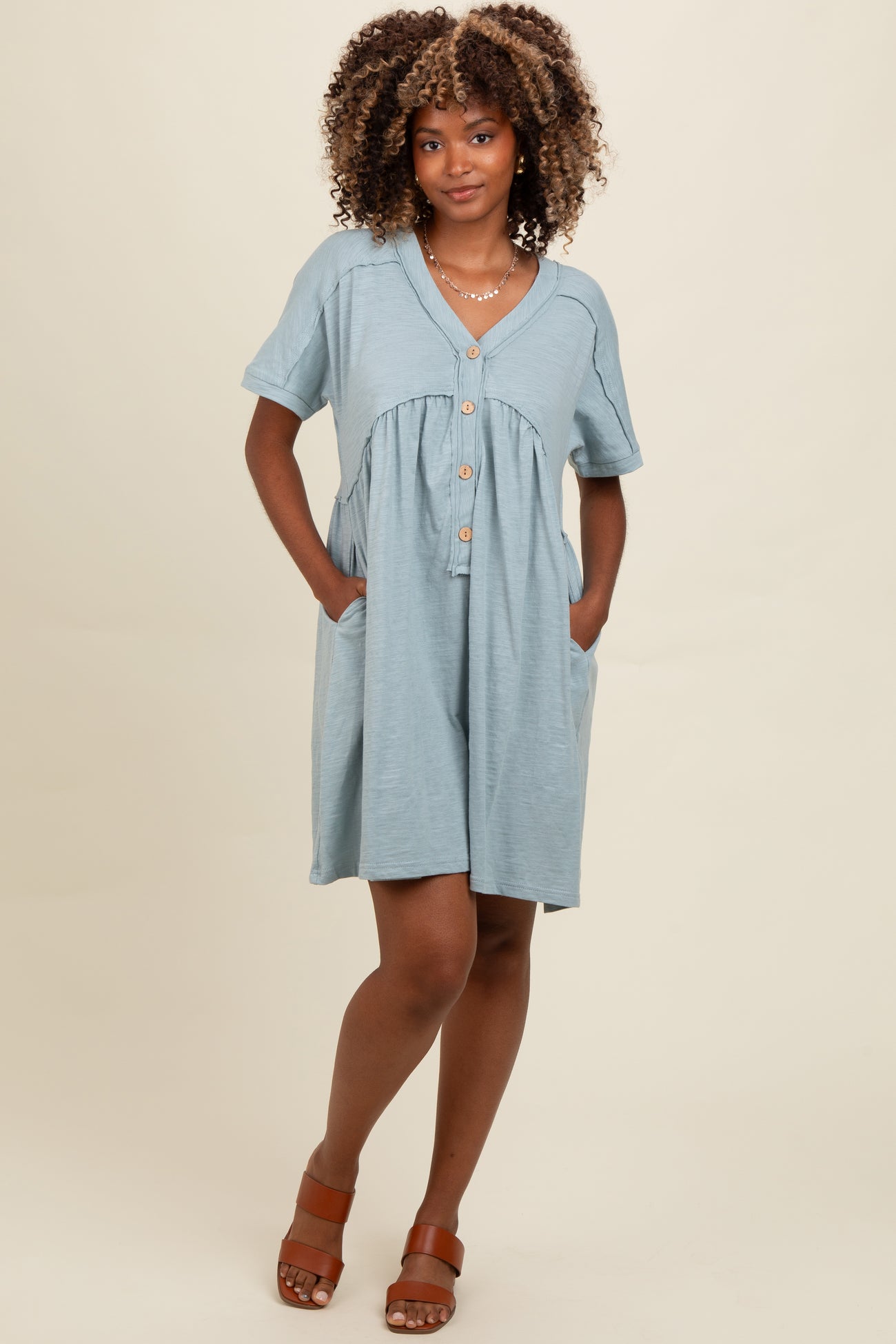 Teal Button Accent Cut Hem Detail Dress