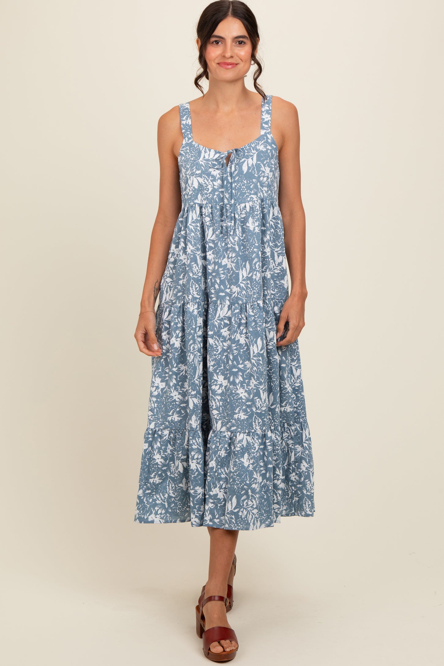 Blue Floral Tiered Midi Dress