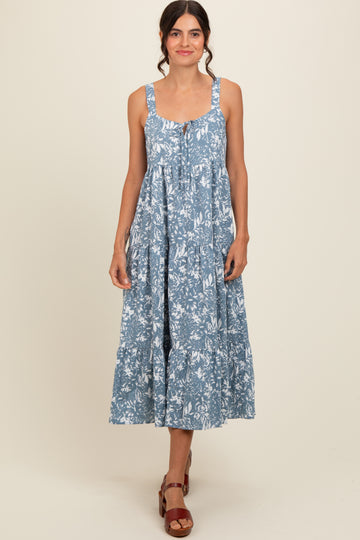 Blue Floral Tiered Midi Dress