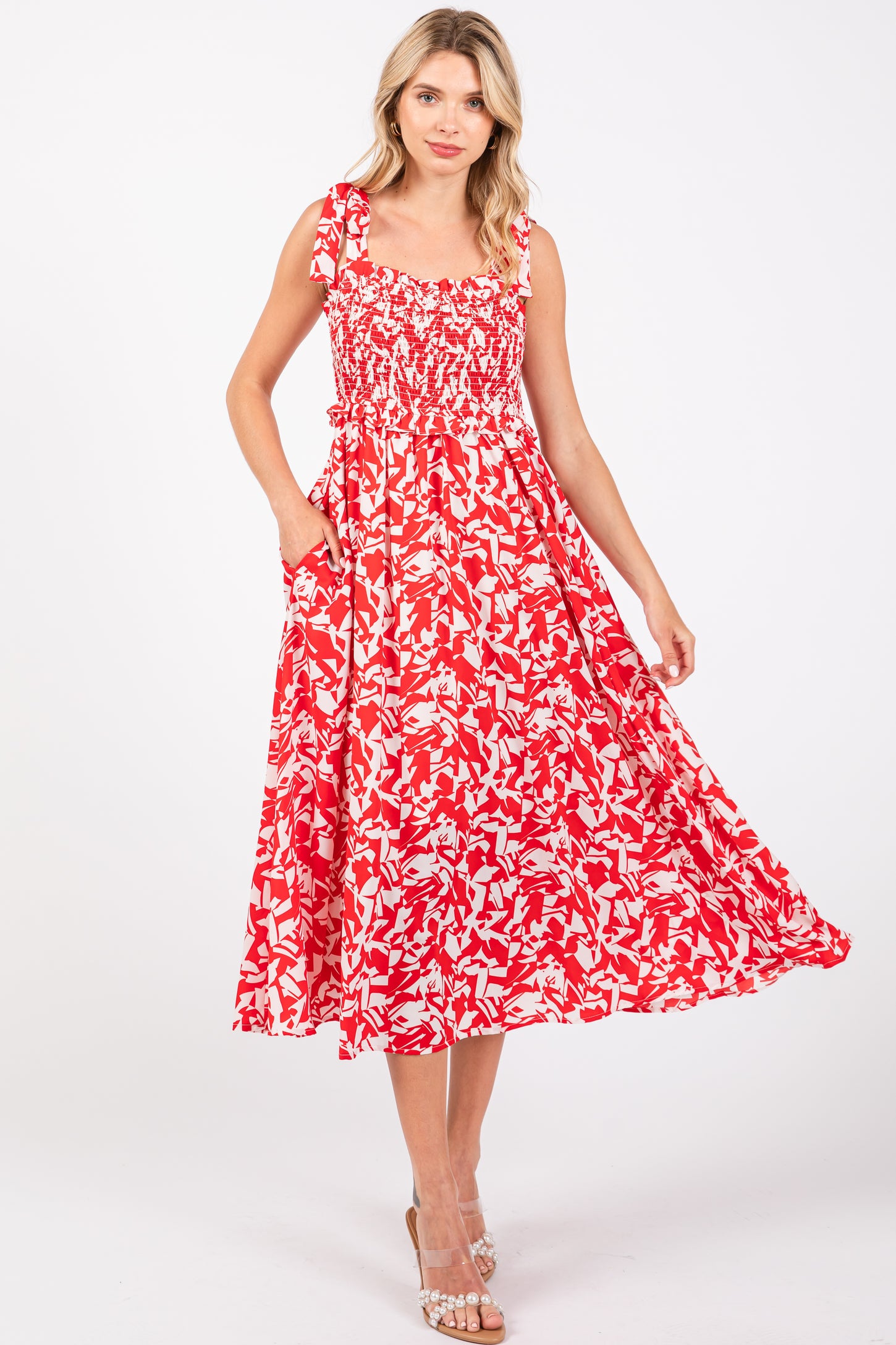Red Printed Smocked Shoulder Tie Maternity Midi Dress