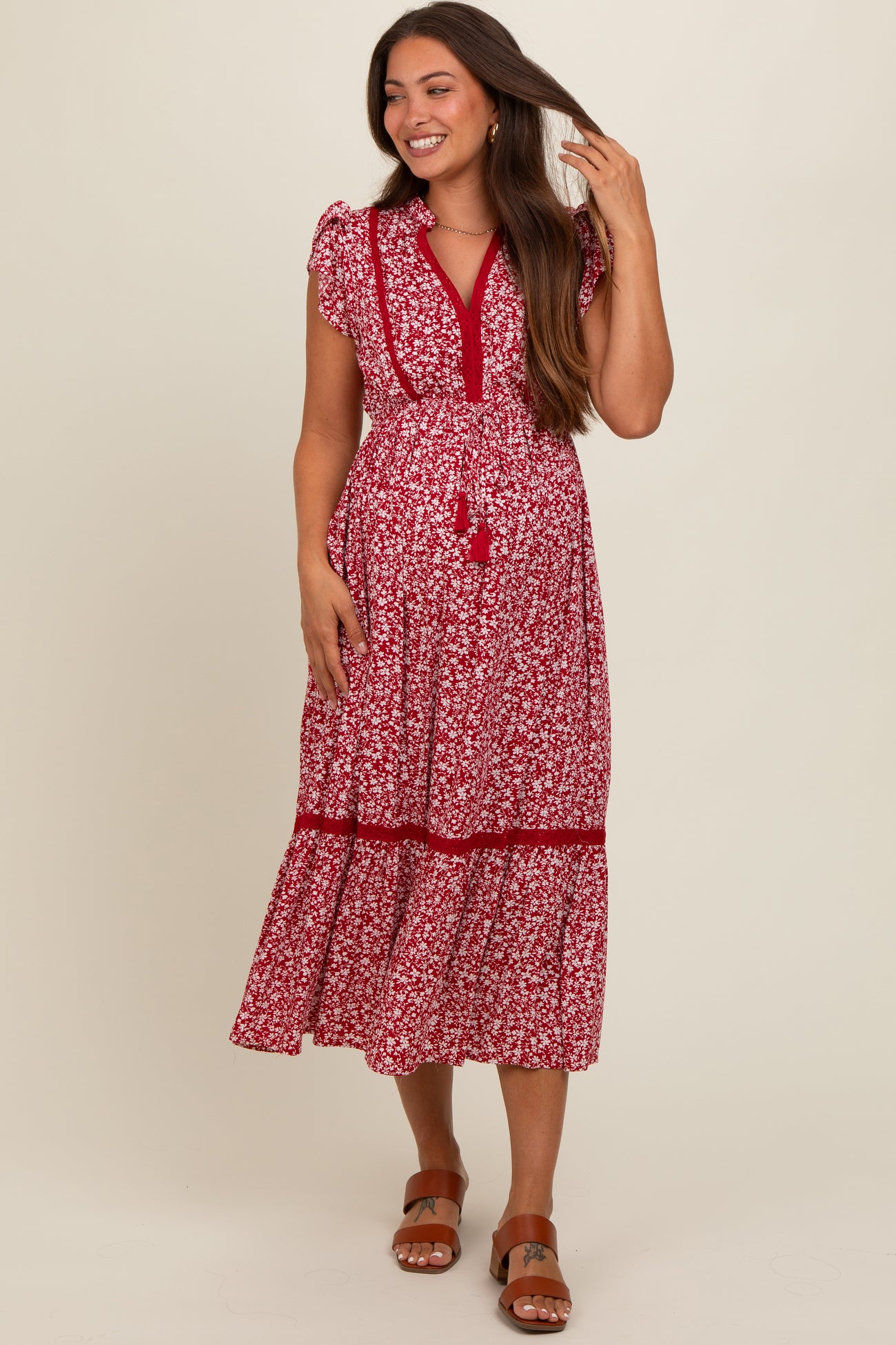 Red Floral Lace Trim Maternity Midi Dress