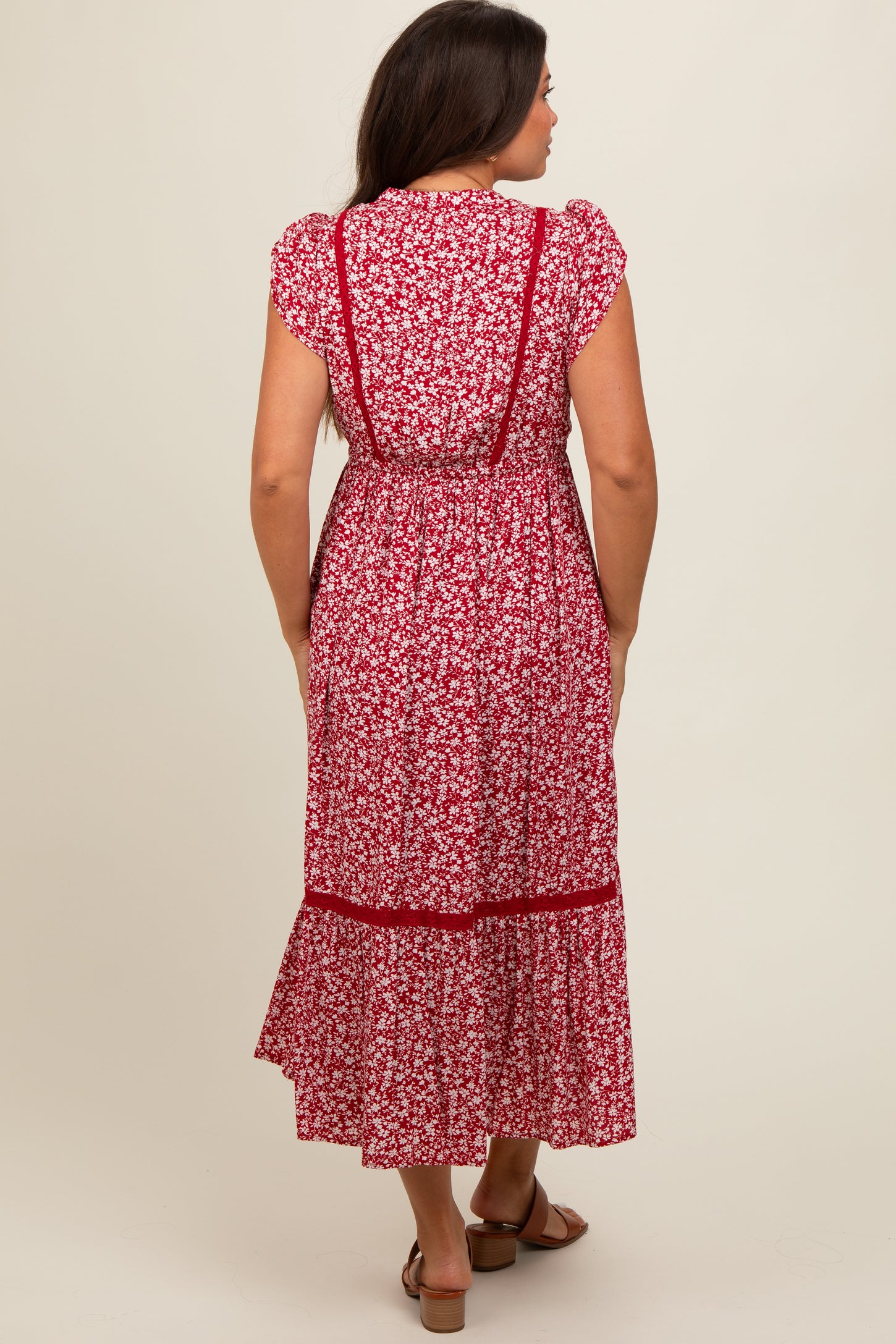 Red Floral Lace Trim Maternity Midi Dress