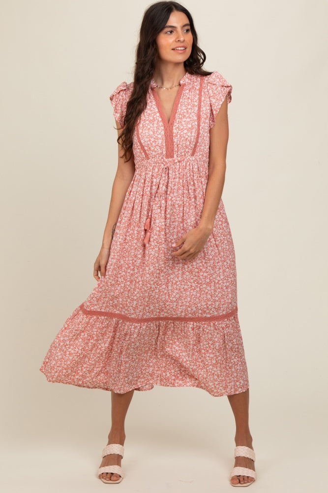 Salmon Floral Lace Trim Maternity Midi Dress