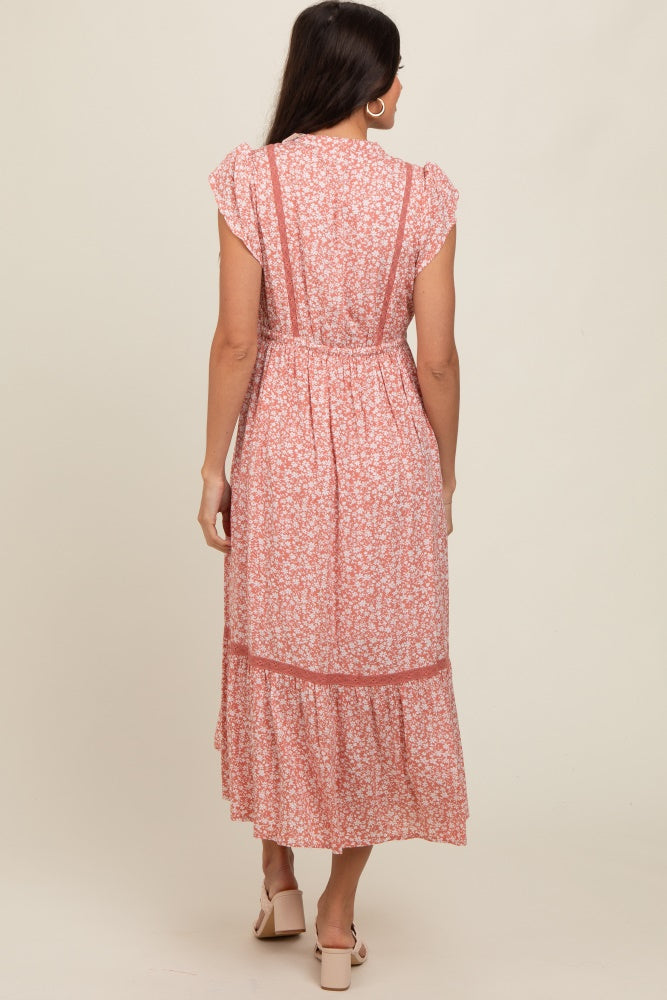 Salmon Floral Lace Trim Midi Dress