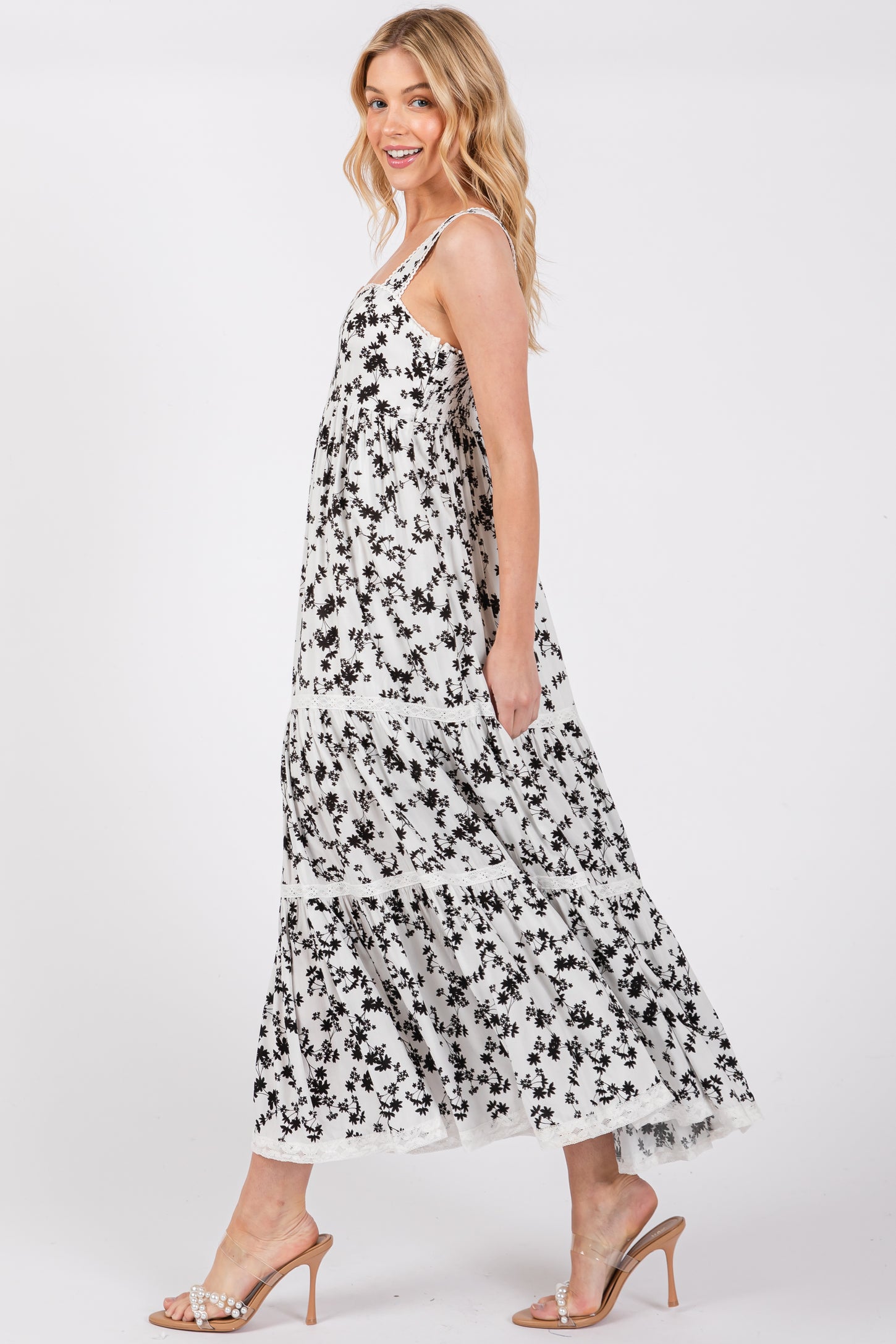 Ivory Floral Lace Trim Tiered Maxi Dress