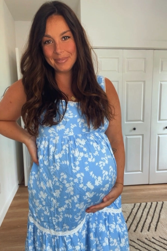 Light Blue Floral Lace Trim Tiered Maternity Maxi Dress