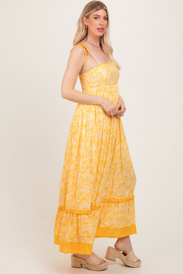 Yellow Floral Shoulder Tie Maxi Dress