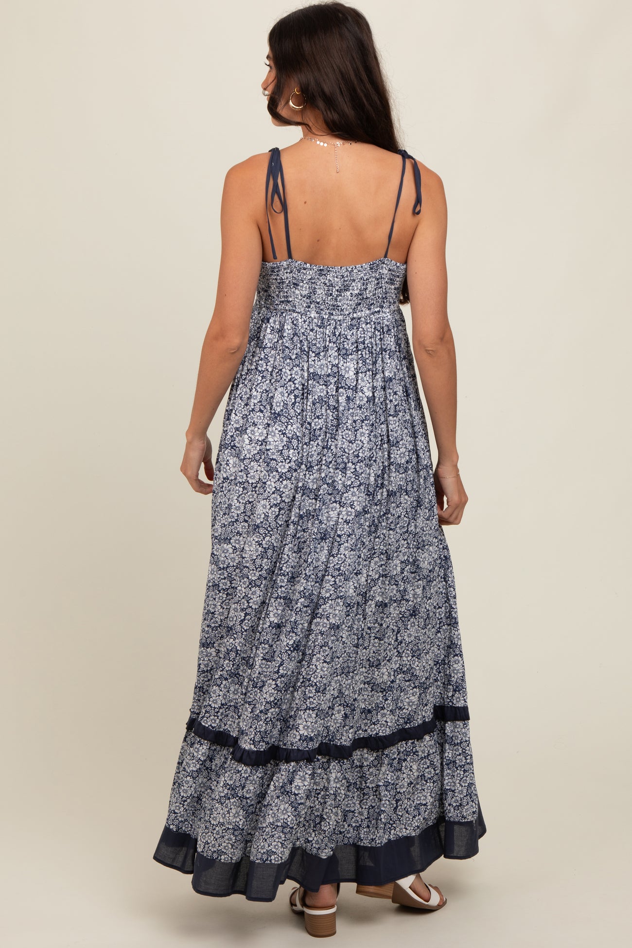 Navy Floral Shoulder Tie Maxi Dress