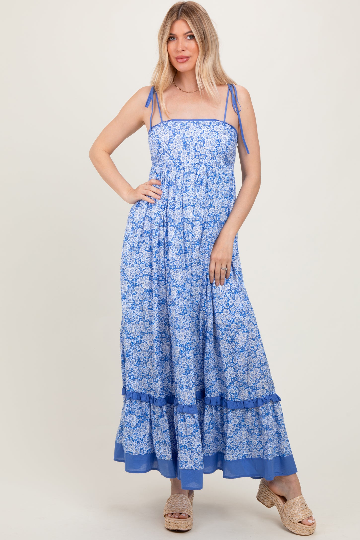 Blue Floral Shoulder Tie Maternity Maxi Dress