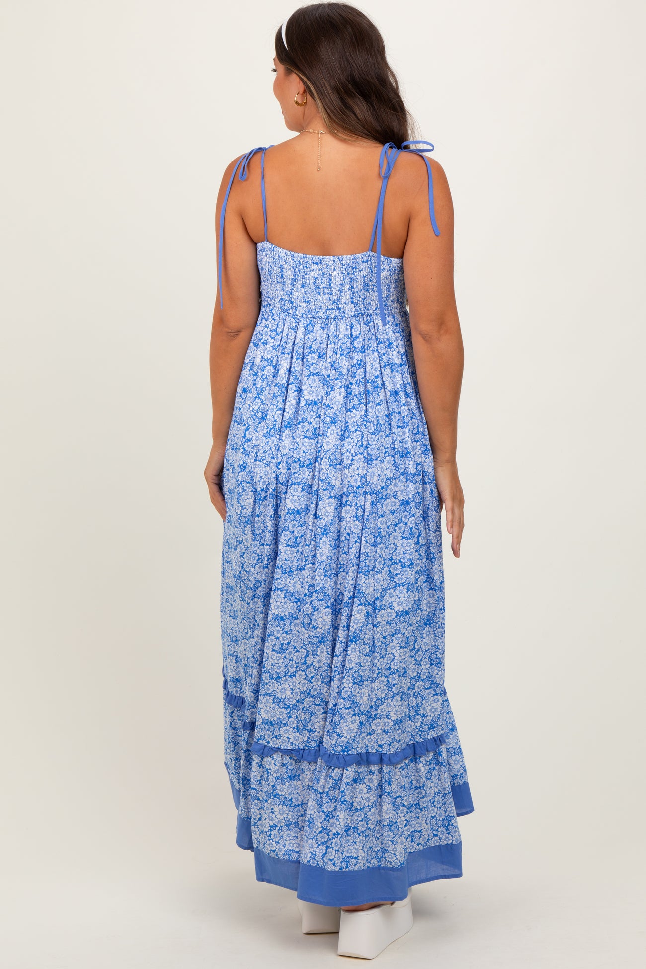Blue Floral Shoulder Tie Maternity Maxi Dress