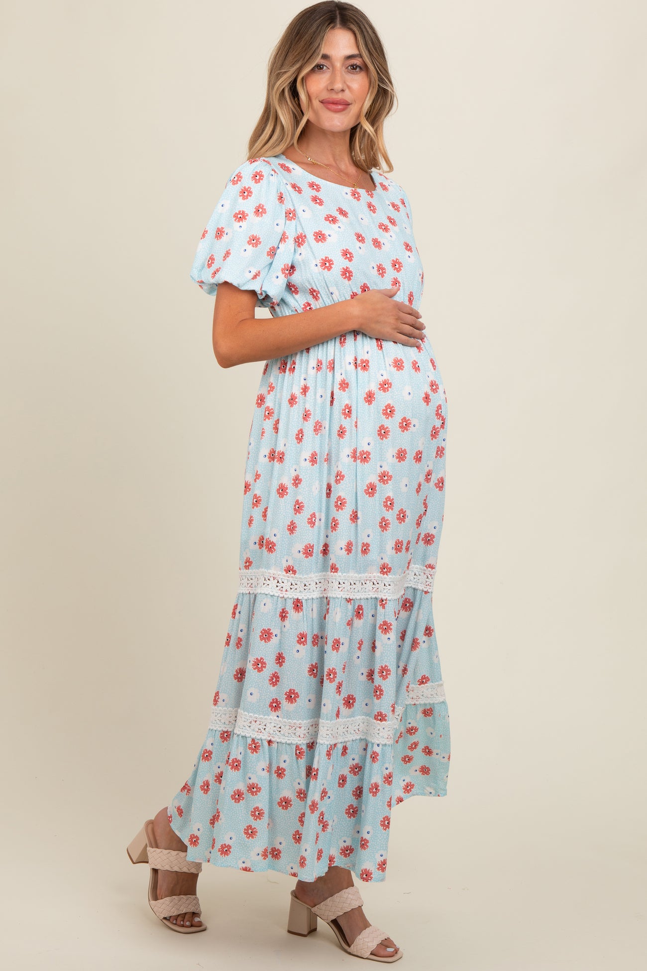 Light Blue Floral Lace Trim Maternity Maxi Dress