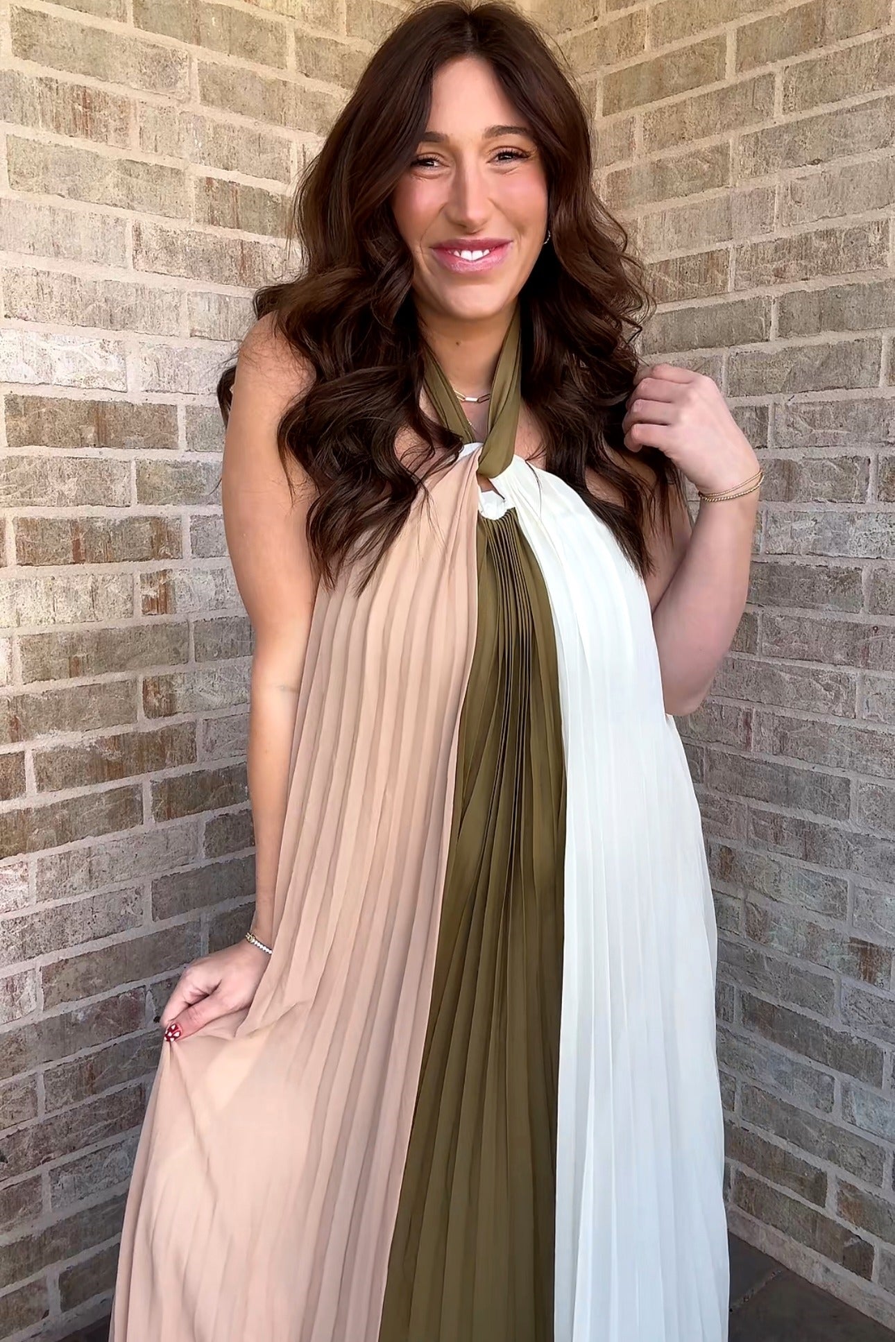 Olive Colorblock Pleated Halter Neck Maternity Maxi Dress