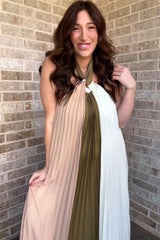 Olive Colorblock Pleated Halter Neck Maternity Maxi Dress