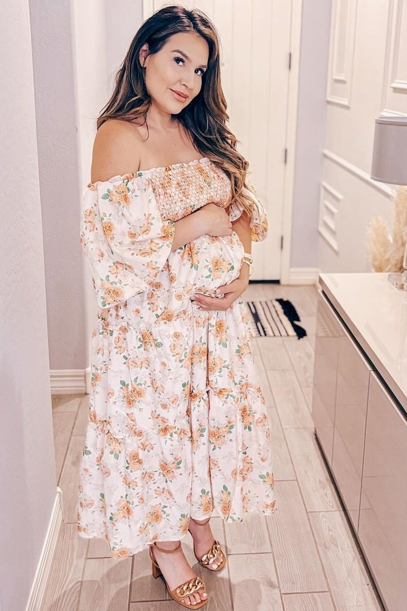 Peach Floral Smocked Puff Sleeve Maternity Midi Dress