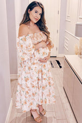 Peach Floral Smocked Puff Sleeve Maternity Midi Dress