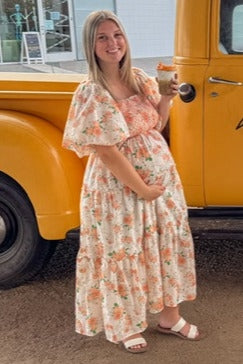 Peach Floral Smocked Puff Sleeve Maternity Midi Dress