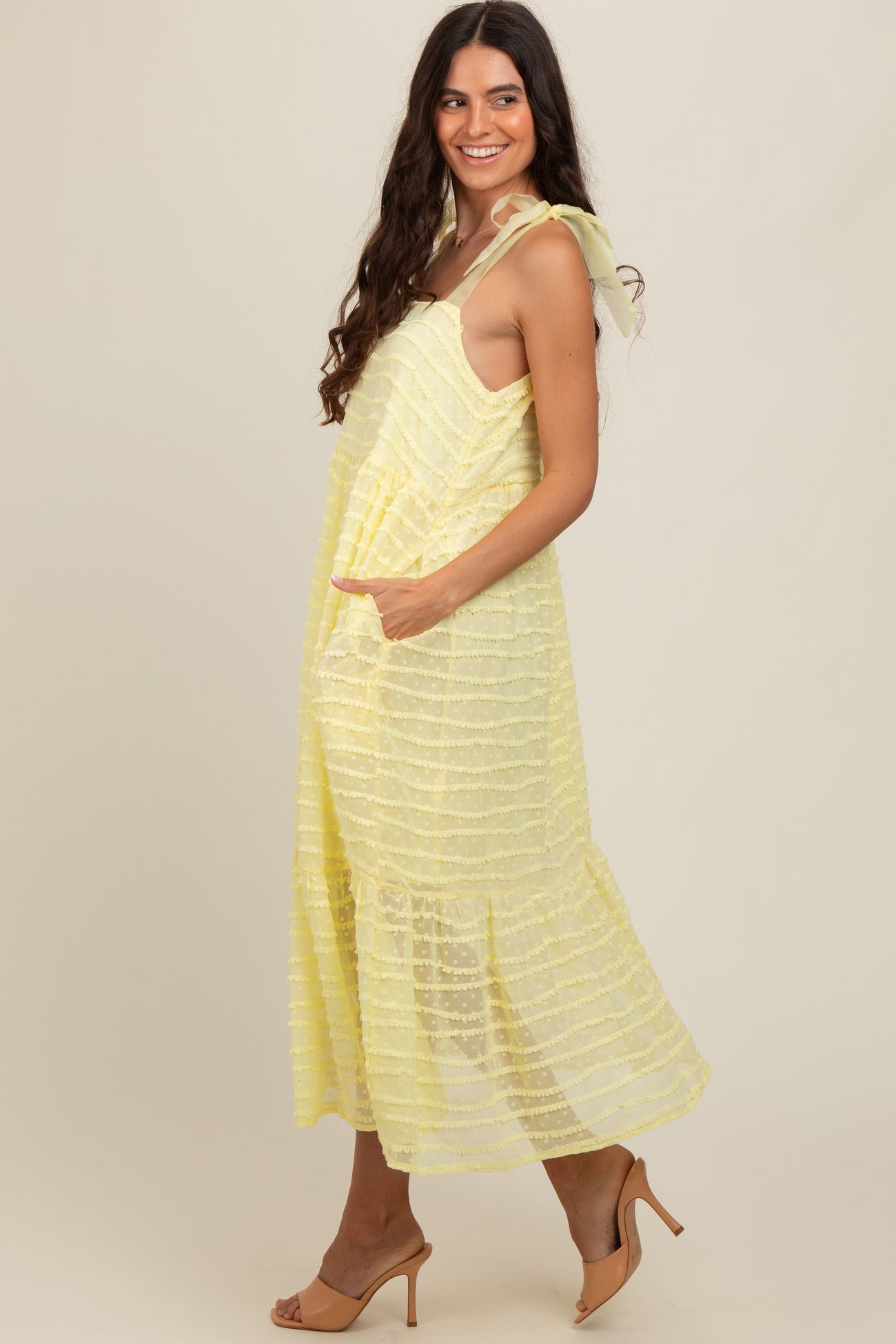 Yellow Textured Shoulder Tie Midi Dress