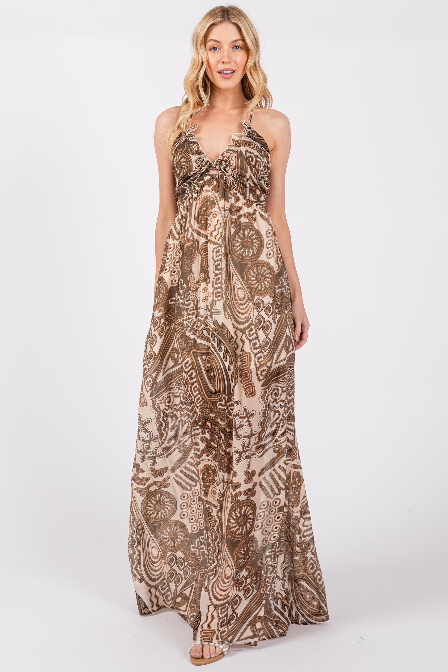 Brown Printed Halter Cutout Maxi Dress