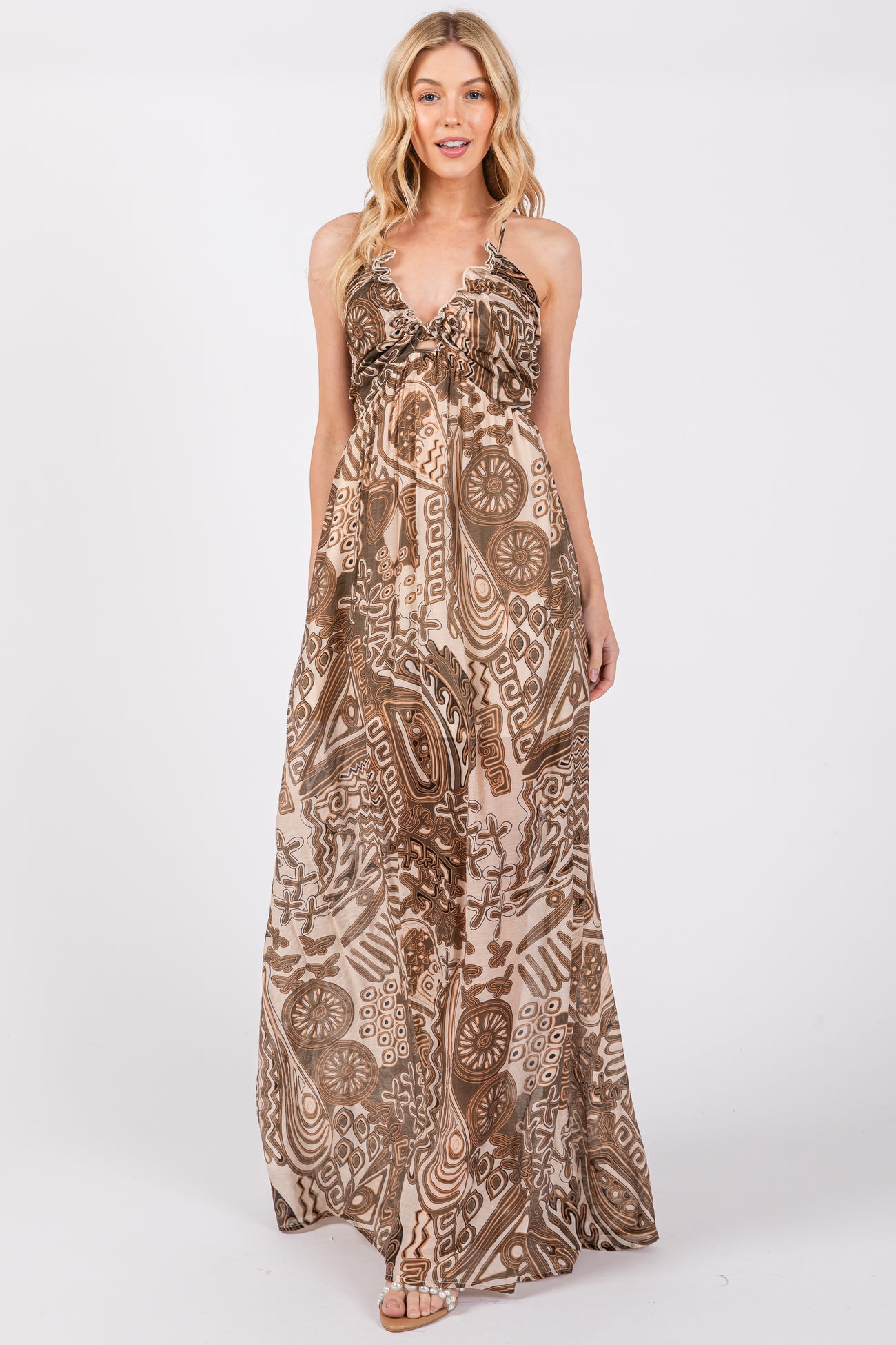 Brown Printed Halter Cutout Maternity Maxi Dress