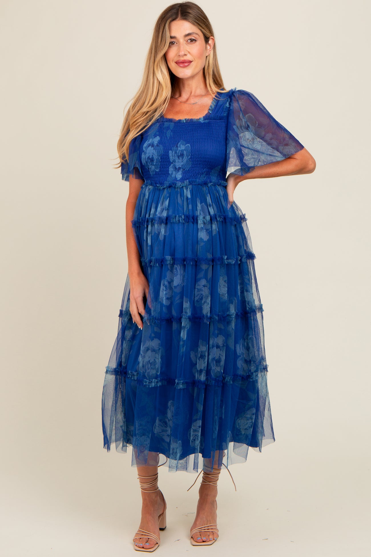 Blue Floral Smocked Tulle Maternity Maxi Dress