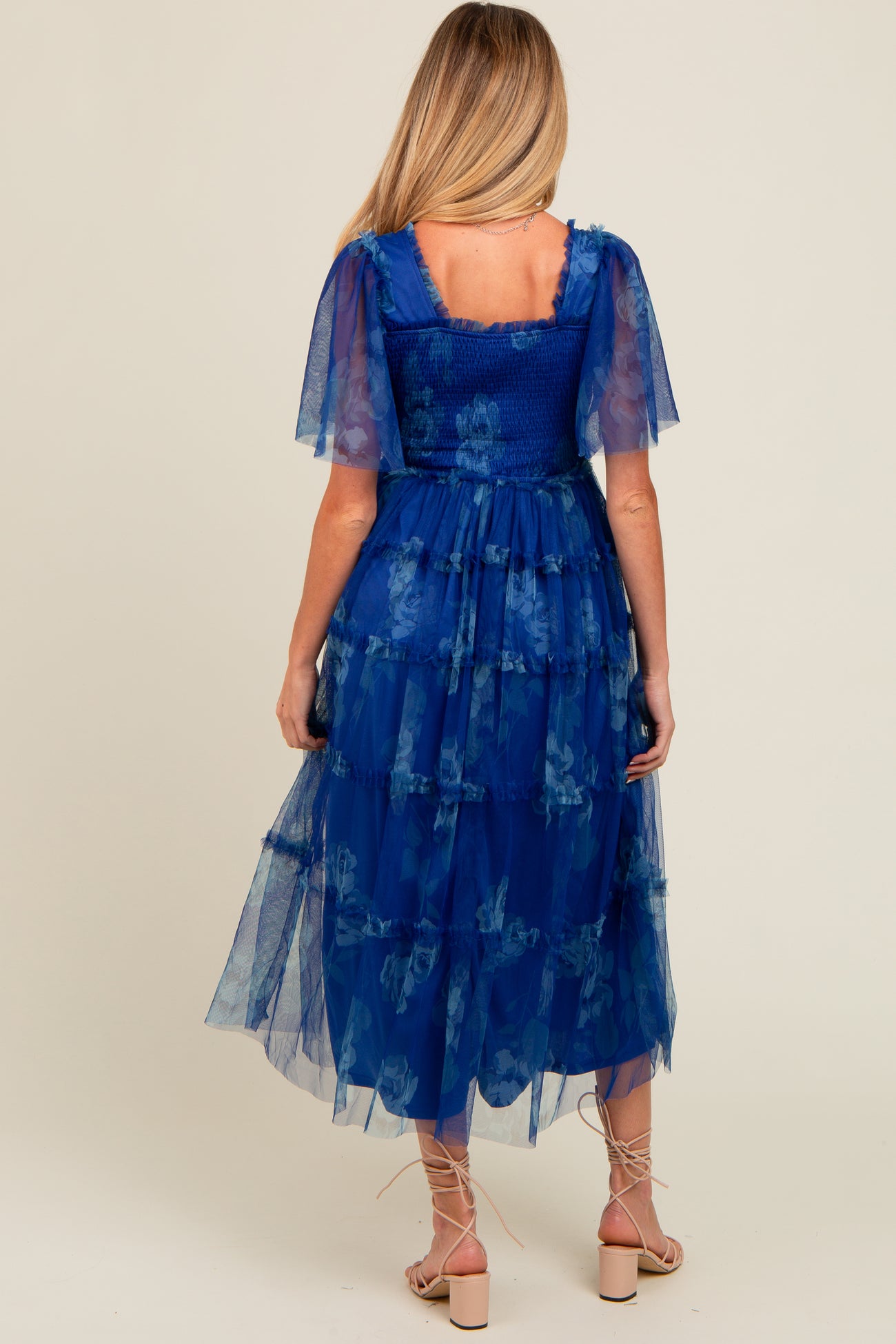 Blue Floral Smocked Tulle Maternity Maxi Dress