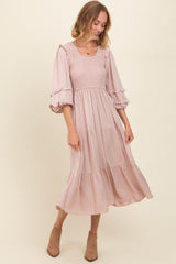 Mauve Smocked Ruffle Shoulder Tiered Maternity Midi Dress