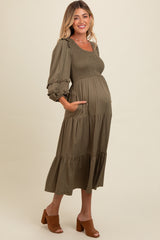 Olive Smocked Ruffle Shoulder Tiered Maternity Midi Dress