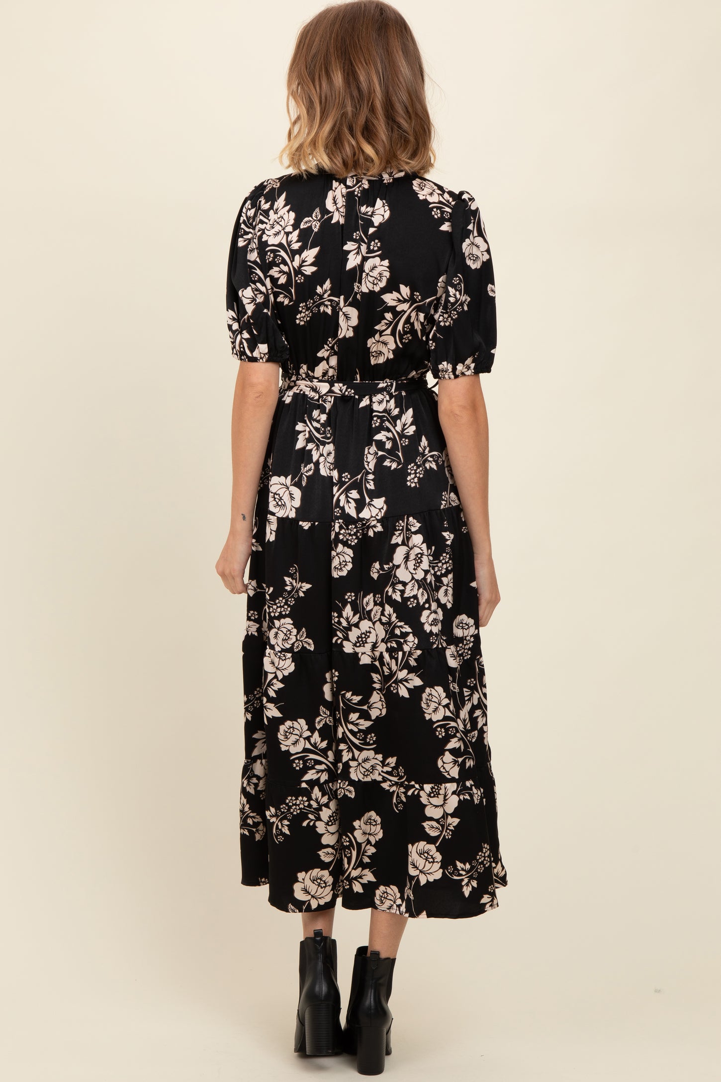 Black Floral Button Down Front Tie Midi Dress