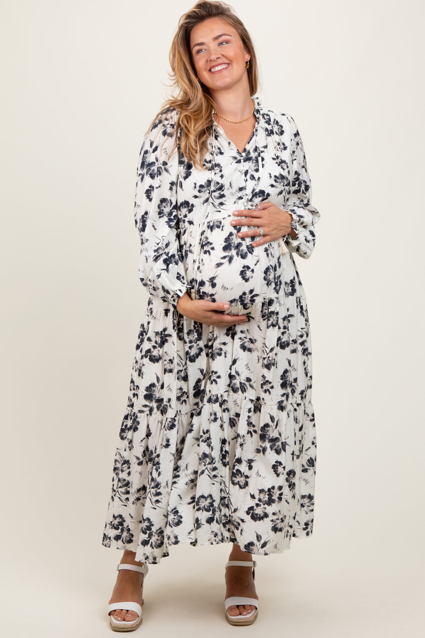 Black Floral Button Front Tiered Long Sleeve Maternity Plus Maxi Dress