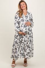 Black Floral Button Front Tiered Long Sleeve Maternity Plus Maxi Dress