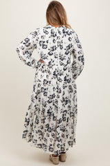 Black Floral Button Front Tiered Long Sleeve Maternity Plus Maxi Dress