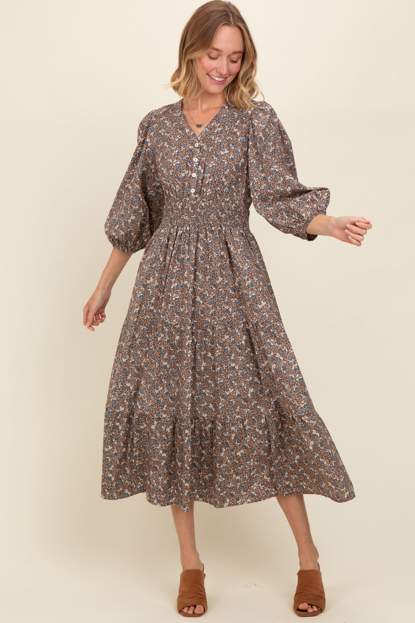 Brown Floral Button Front V-Neck Maternity Midi Dress