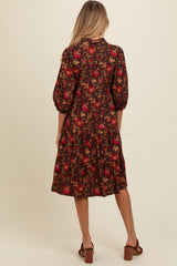 Brown Floral Button Down Maternity Midi Dress