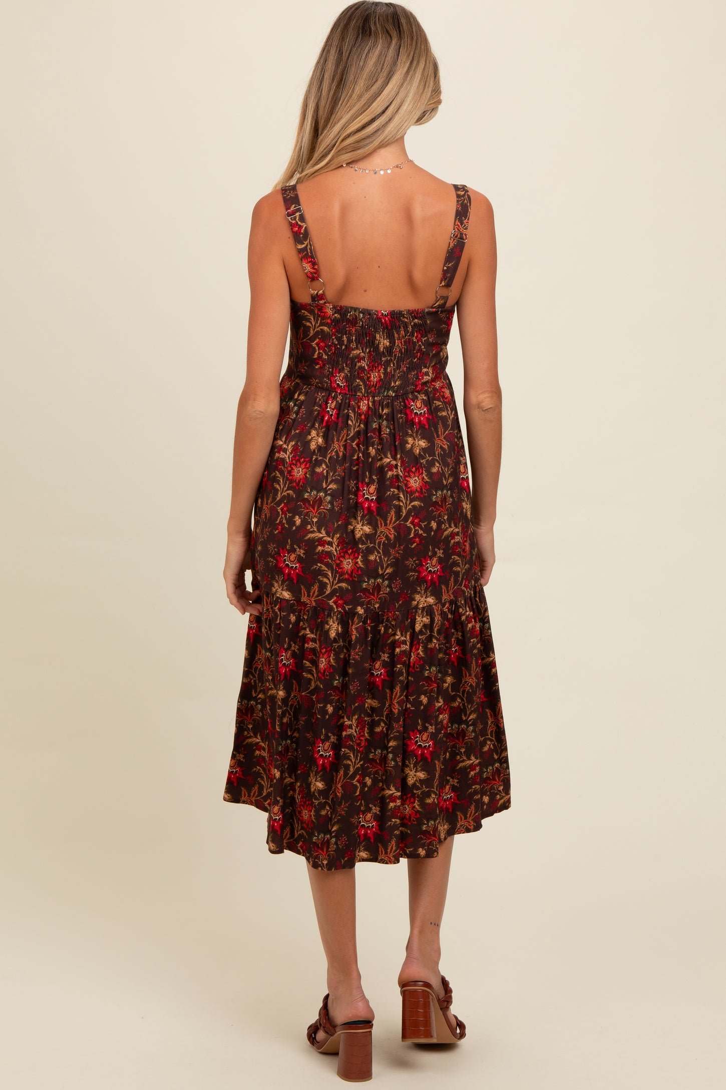 Brown Floral Sweetheart Neck Button Down Maternity Midi Dress