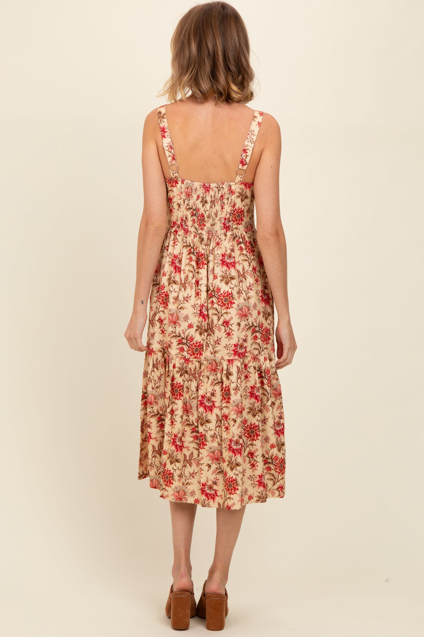 Cream Floral Sweetheart Neck Button Down Midi Dress