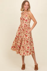 Cream Floral Sweetheart Neck Button Down Midi Dress
