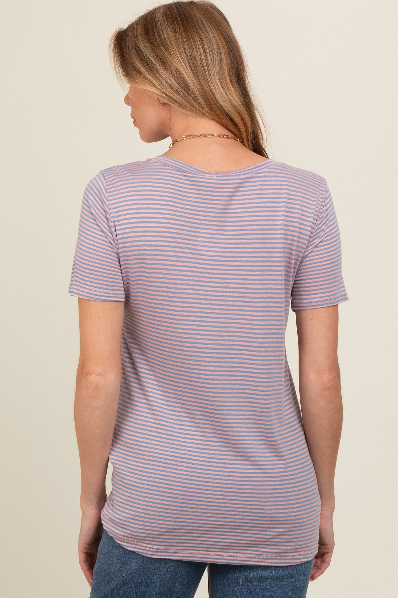 Pink Striped Short Sleeve Maternity Top
