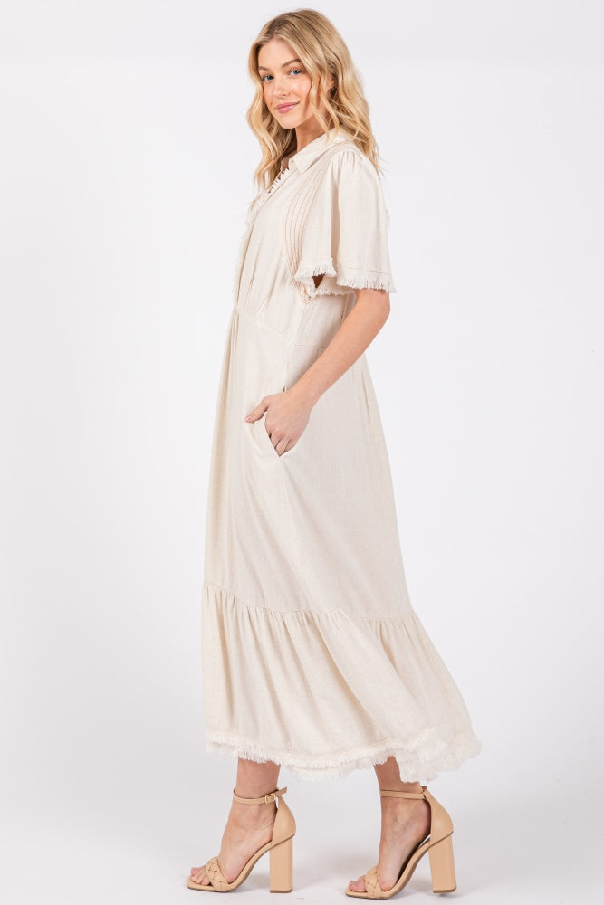 Beige Collared Pocketed Midi Dress