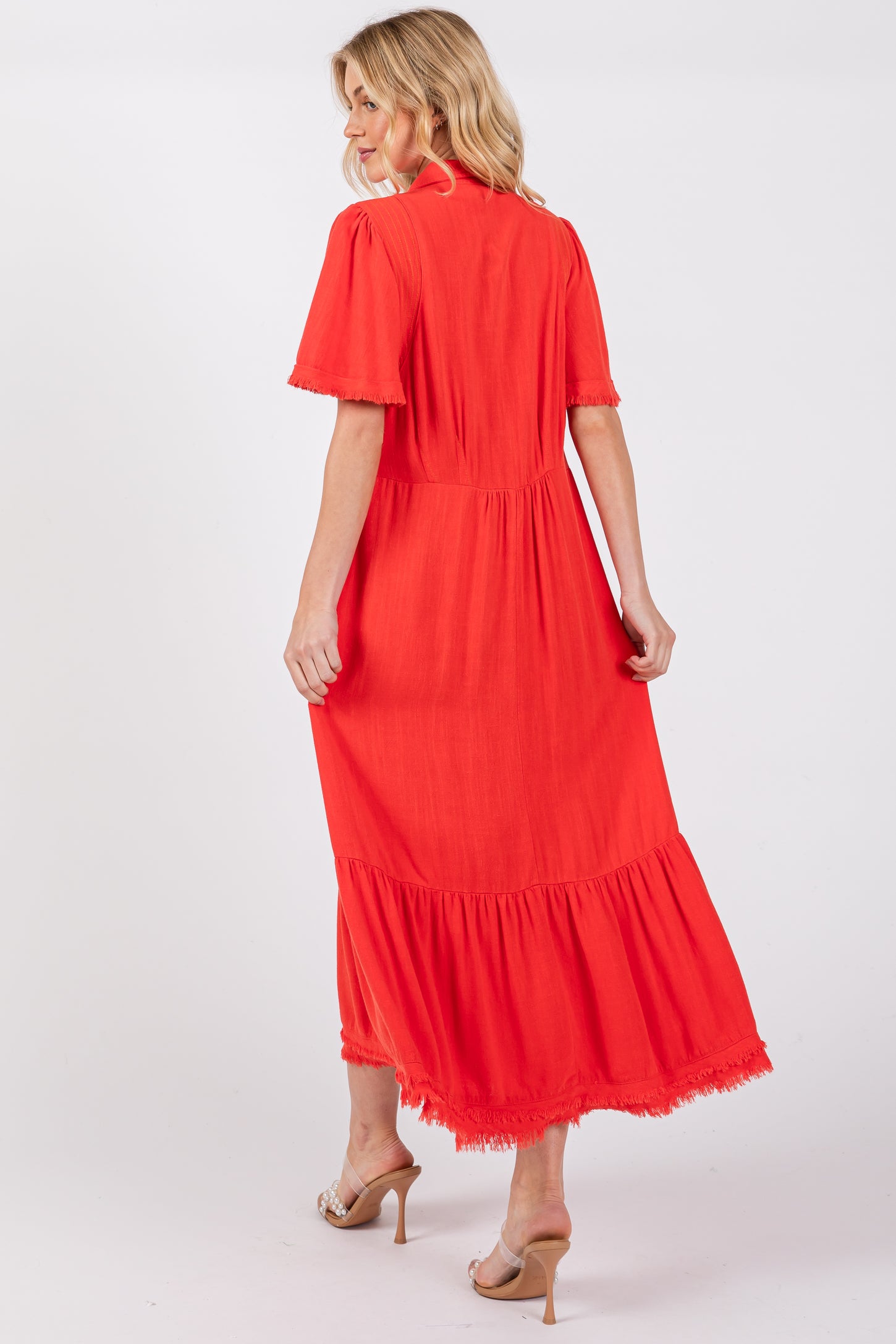 Red Collared Pocketed Midi Dress