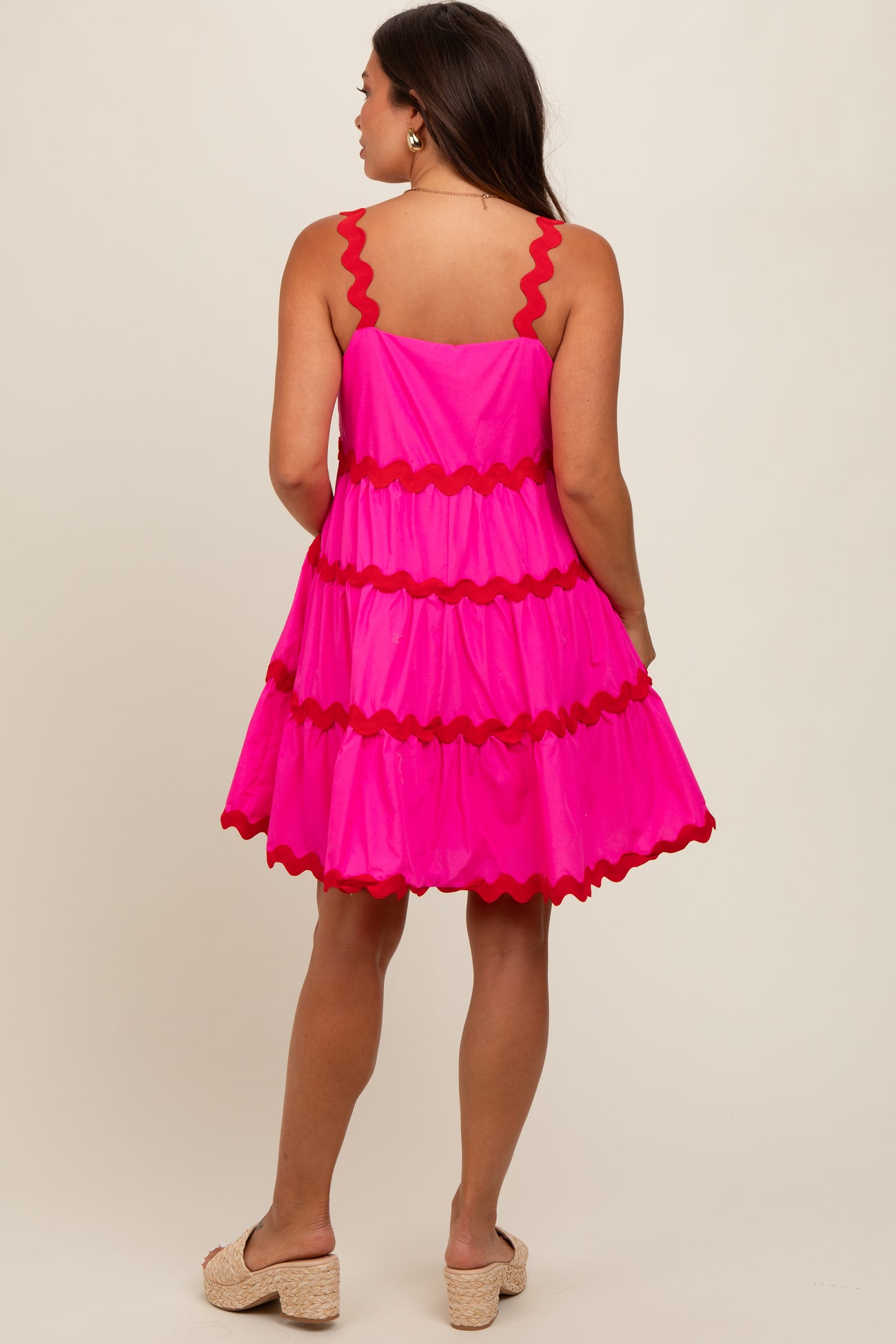 Fuchsia Contrast Trim Tiered Maternity Dress