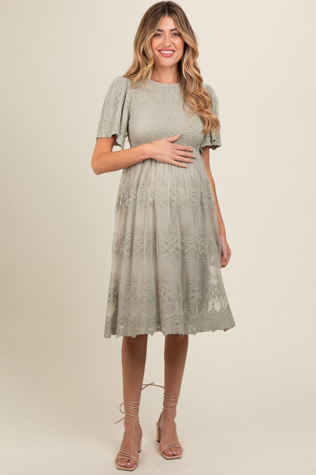 Sage Smocked Embroidered Mesh Maternity Dress