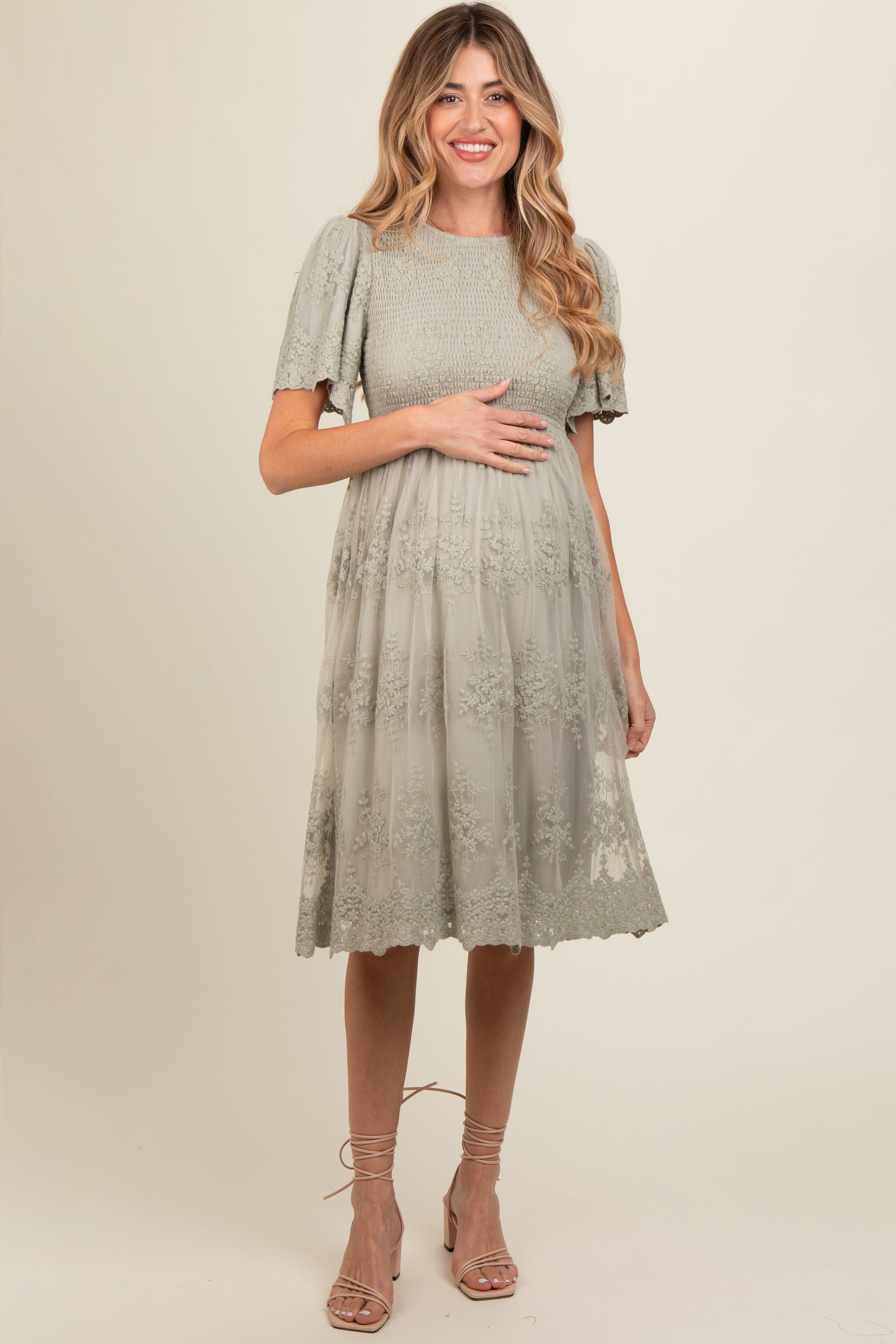 Sage Smocked Embroidered Mesh Maternity Dress