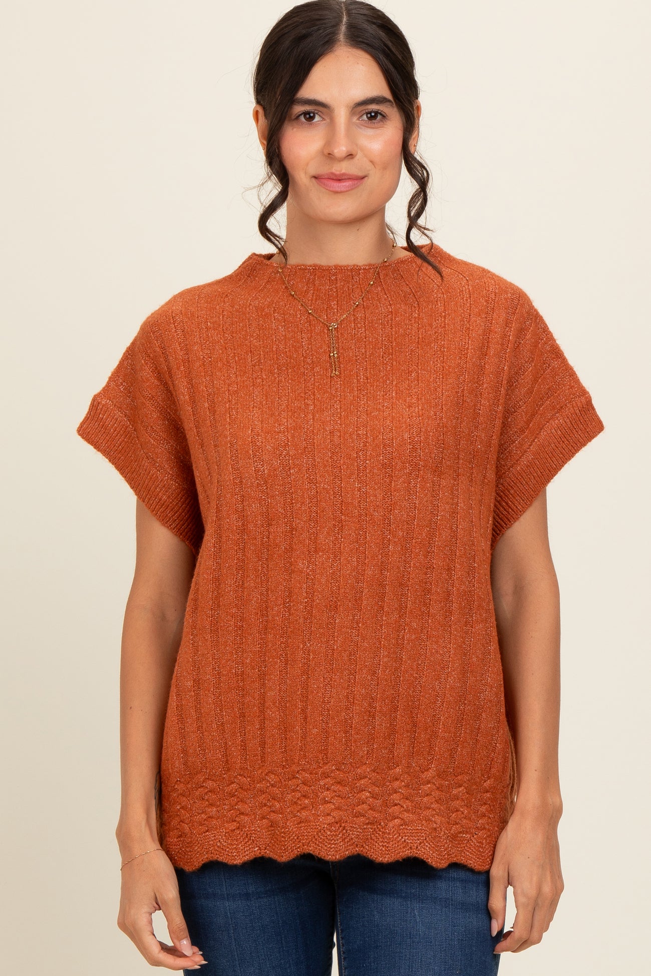 Rust Ribbed Mock Neck Maternity Sweater Top