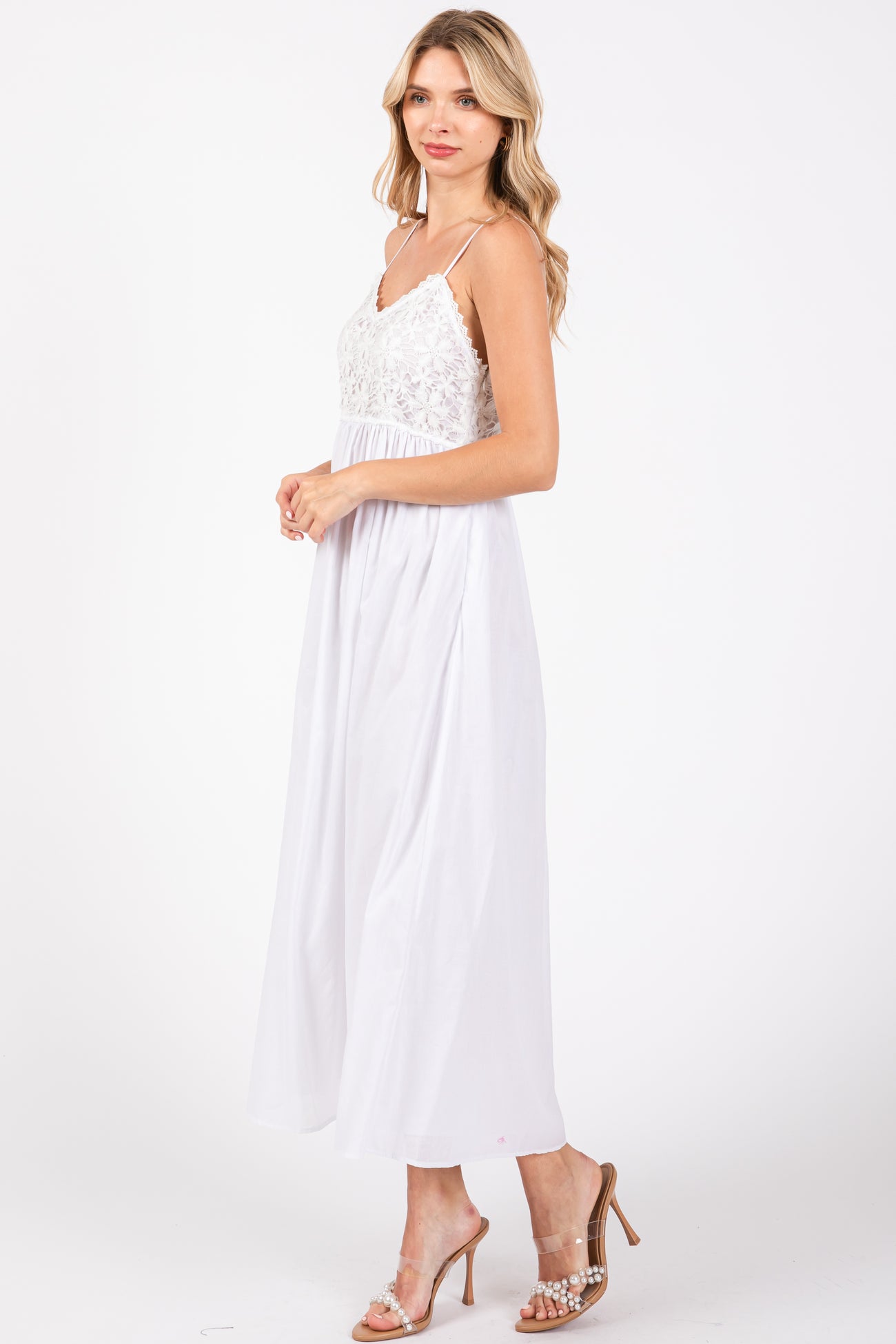White Floral Crochet Contrast Midi Dress