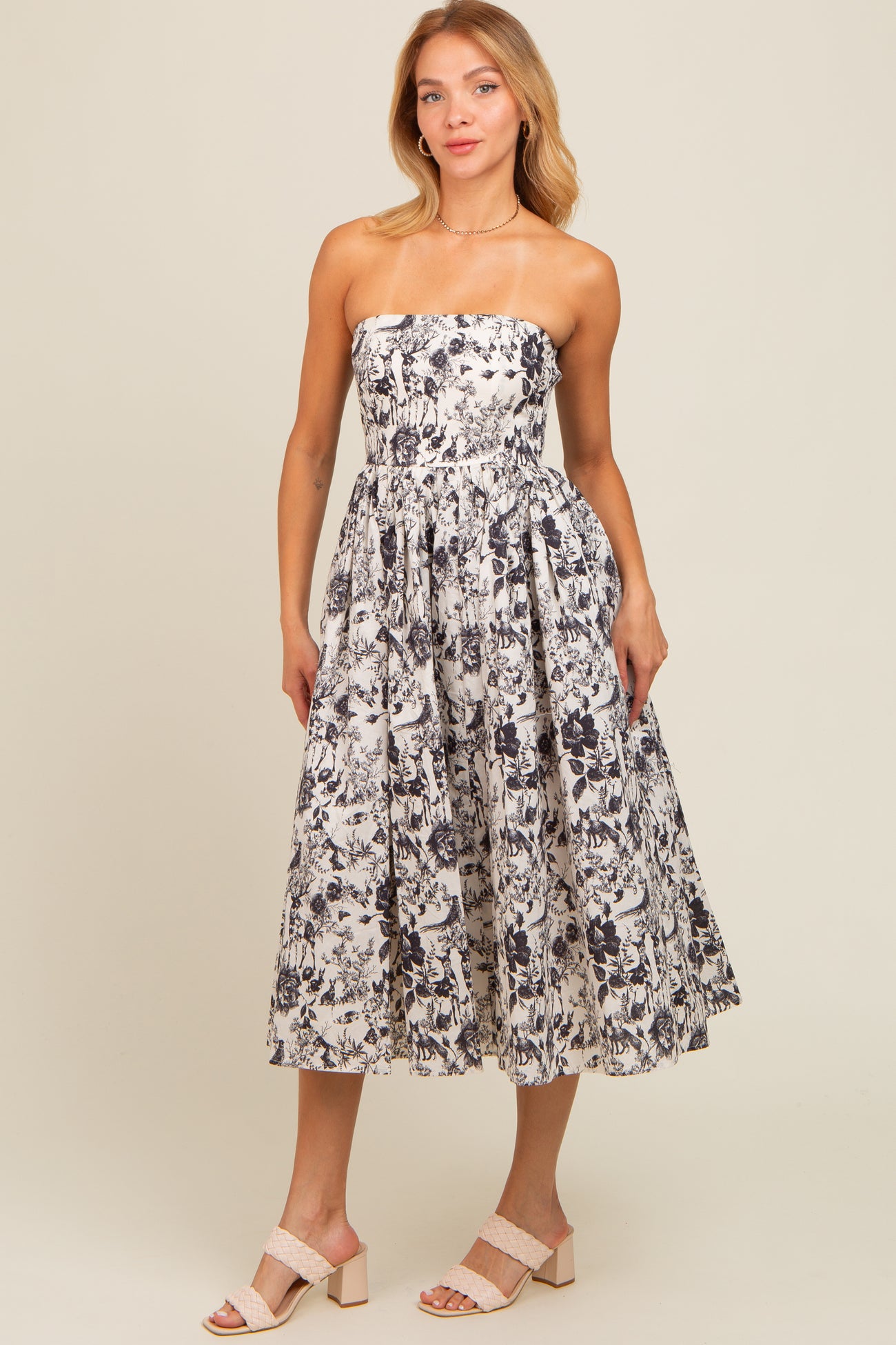 Black Floral Strapless Maternity Midi Dress
