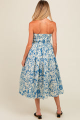 Blue Floral Strapless Maternity Midi Dress