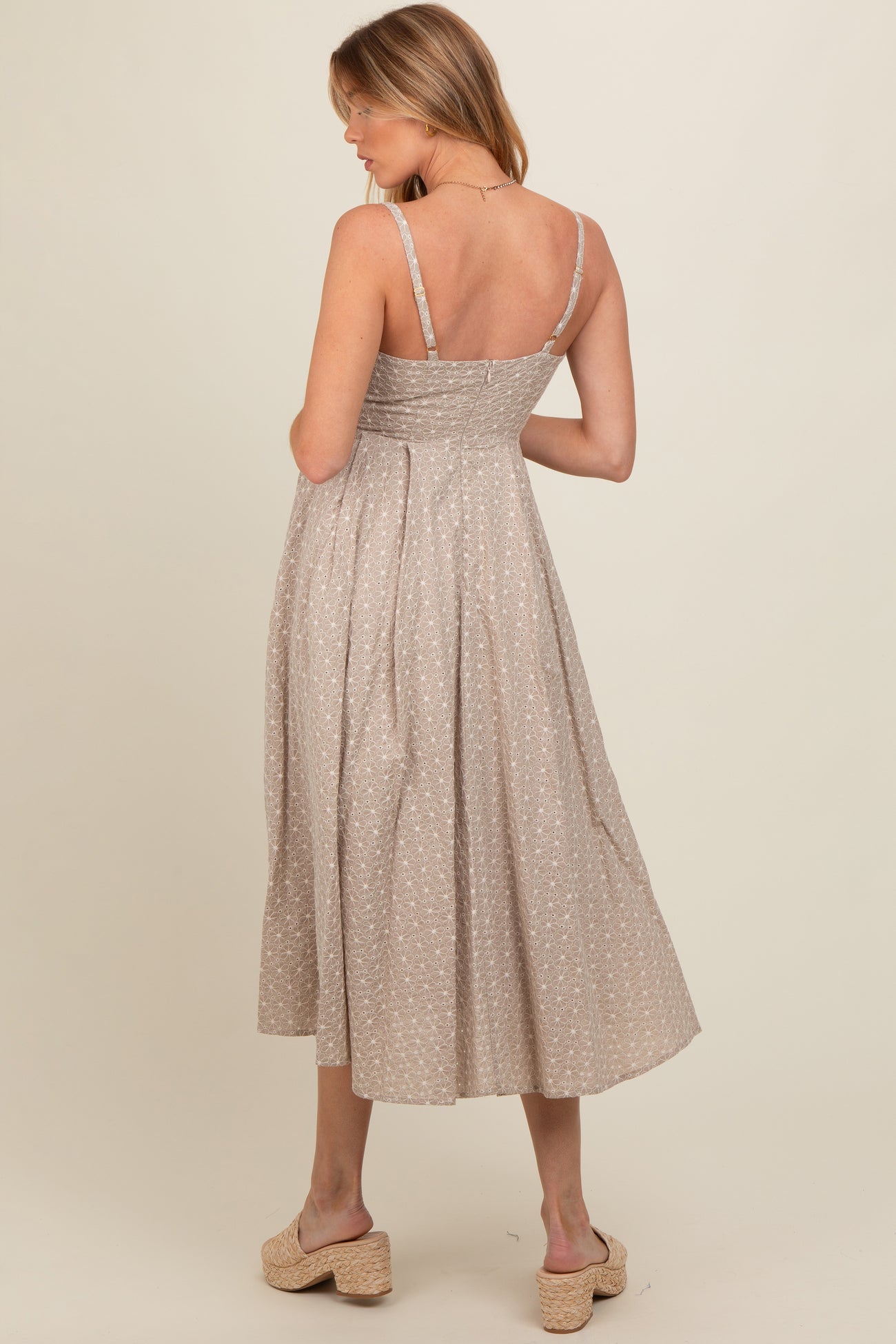 Beige Floral Embroidered Maternity Maxi Dress