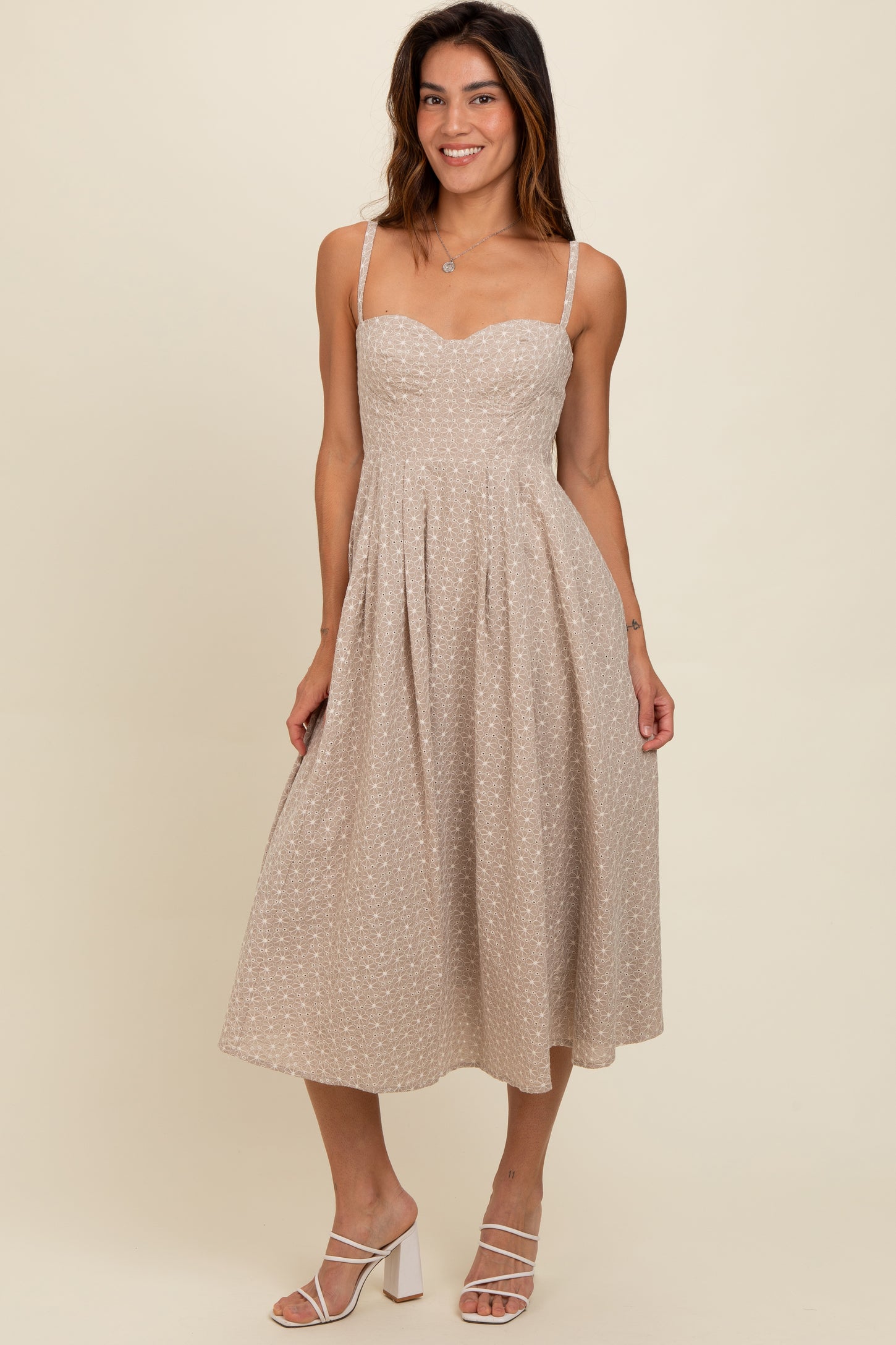 Beige Floral Embroidered Maternity Maxi Dress
