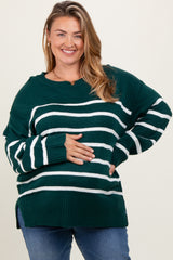 Forest Green Striped Side Slit Maternity Plus Sweater